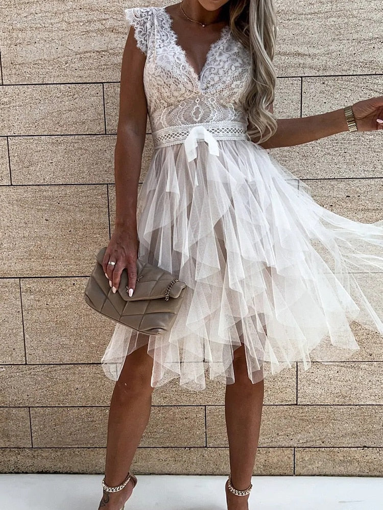 Lace Deep V-Neck Cap Sleeve Bow Waist Tiered Tulle Mini Dress - View 20