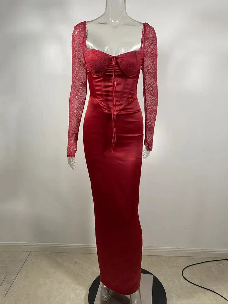 Square Collar Lace - Up Backless Long Sleeve Maxi Dress - View 13