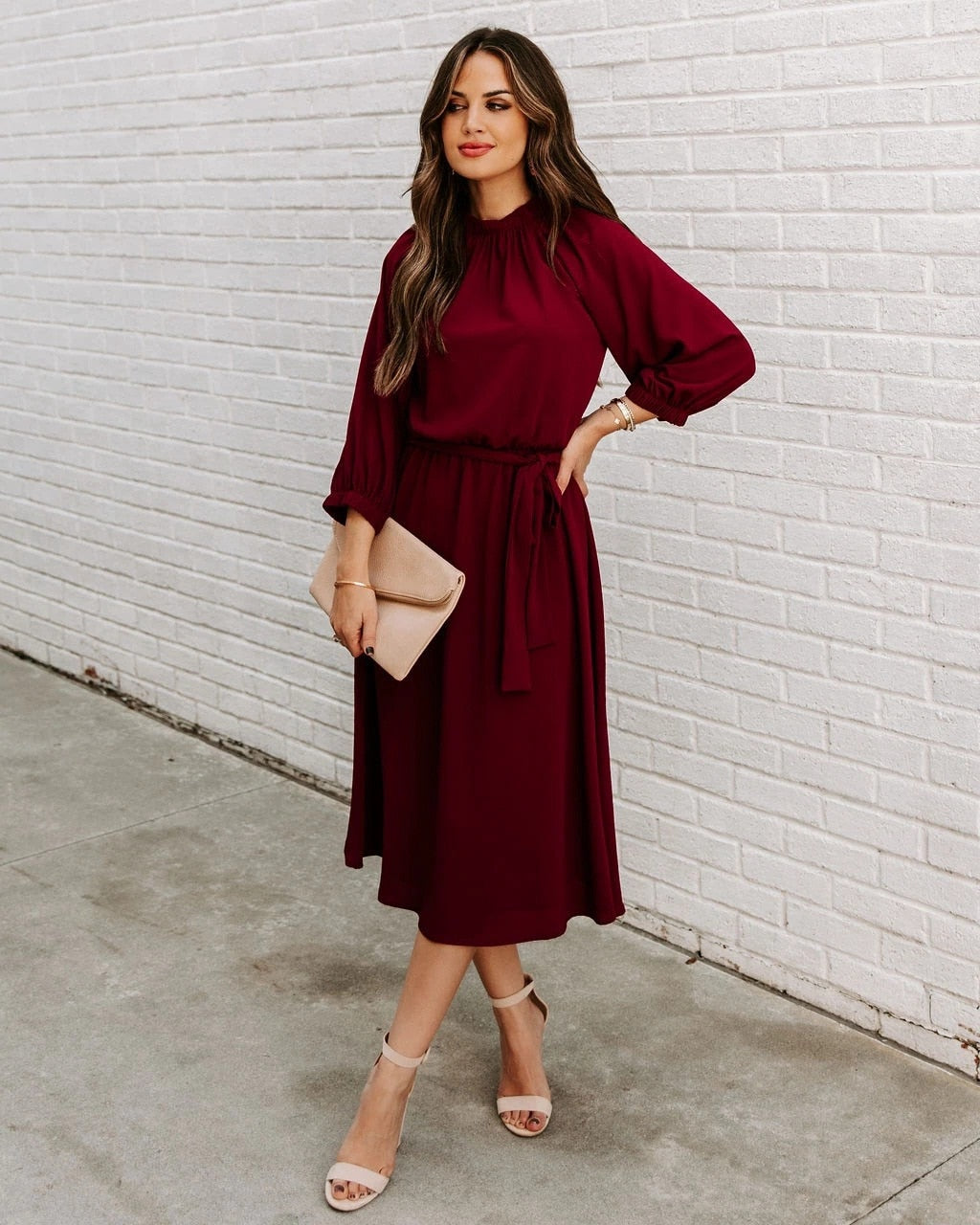 Mock Neck Long Sleeve Belted A-Line Midi Dress - View 14