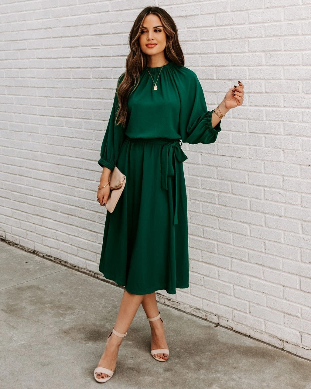Mock Neck Long Sleeve Belted A-Line Midi Dress - View 8