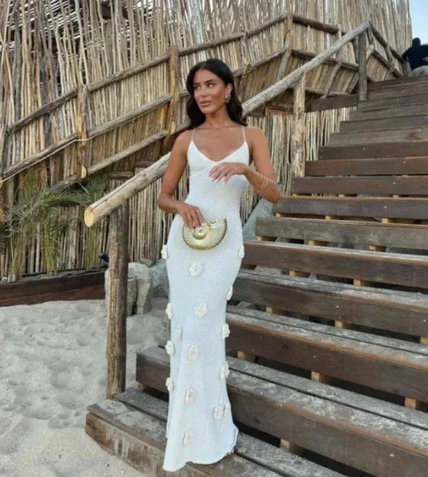 Knit V-Neck Spaghetti Strap Floral Applique Mermaid Maxi Dress - View 19