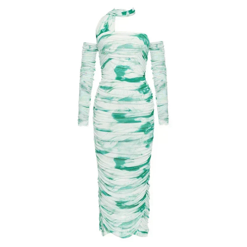 Tie Dye One Shoulder Long Sleeve Ruched High Split Maxi Dress - View 7