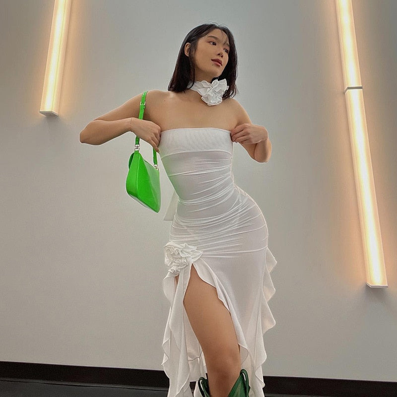 Halter Neck Backless Ruffle Sheer Mesh Midi Dress - View 10