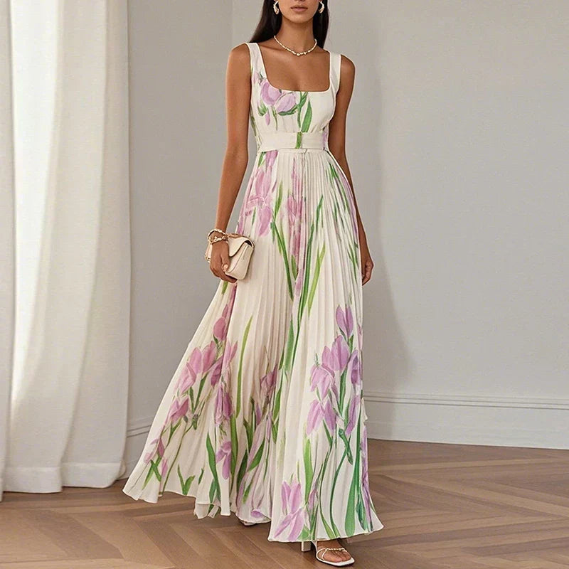 Floral Pleated Square Neck Sleeveless A-Line Maxi Dress Wedding Guest 5