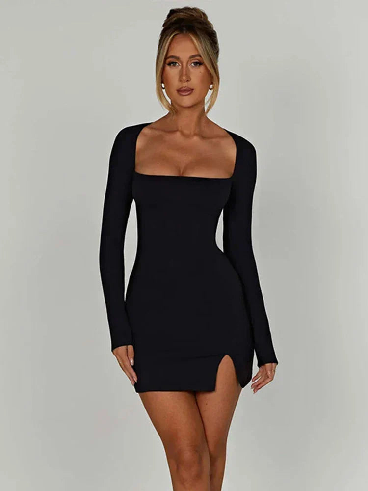 Lace Up Split Backless Long Sleeve Mini Dress