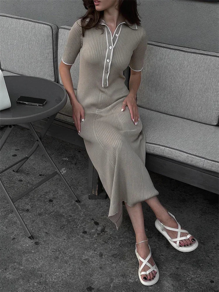 Ribbed Knit Polo Collar Contrast Piped Trim Bodycon Midi Dress - View 2