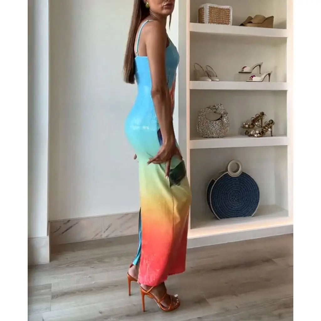 Tropical Floral Print Spaghetti Strap Bodycon Maxi Dress - View 4