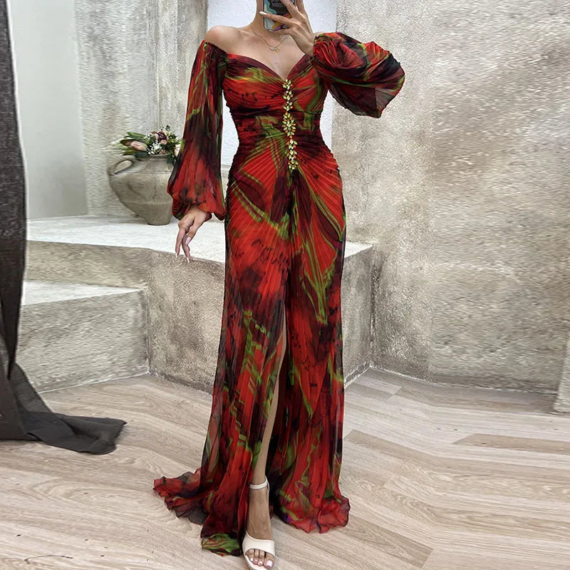 Off Shoulder Deep V-Neck Puff Sleeve Rhinestone Maxi Gown - View 4