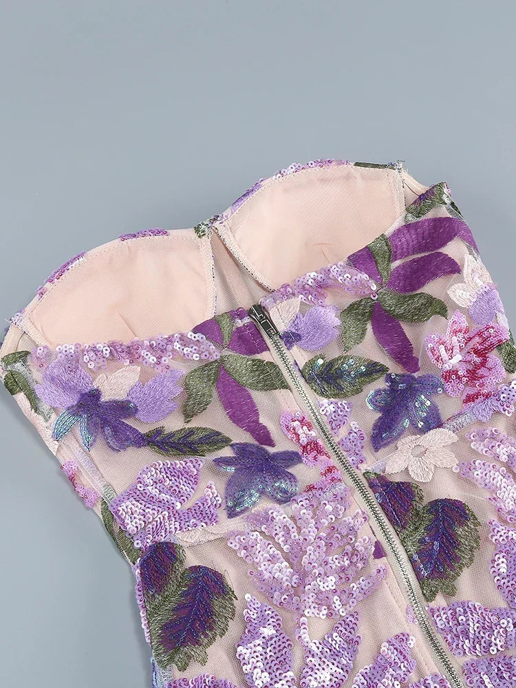 Floral Sequin Strapless Bustier Column Maxi Dress - View 9