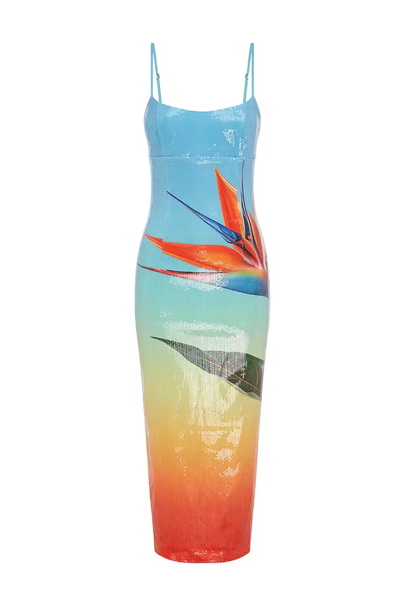 Sequin Floral Square Neck Spaghetti Strap Bodycon Maxi Dress - View 12