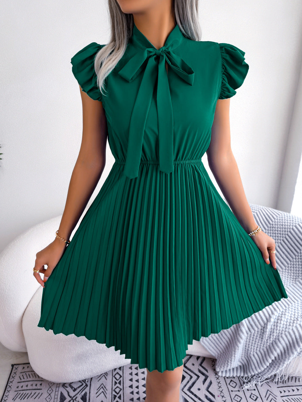 Bow Tie Neck Puff Sleeve Pleated Fit and Flare Mini Dress
