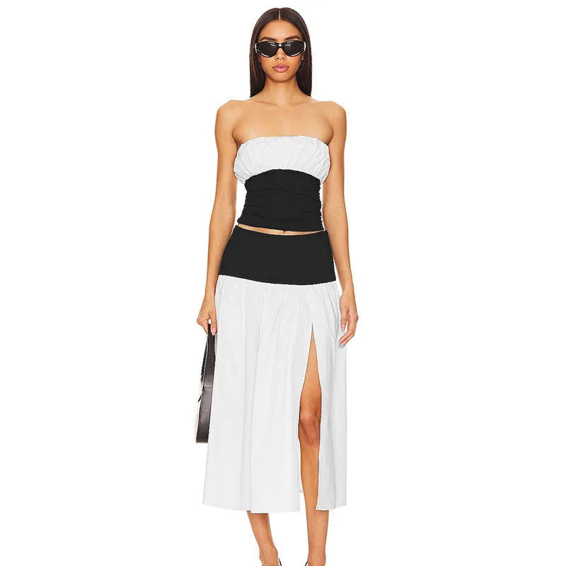 Black And White Patchwork Tube Trendy Top And Slit Long