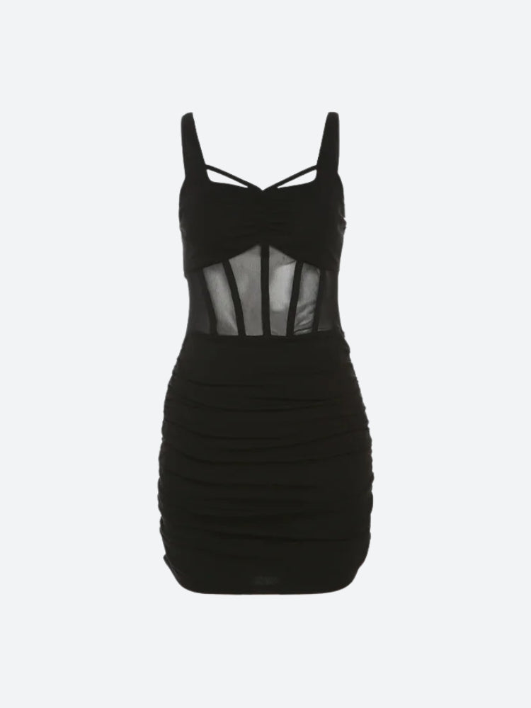Mesh Corset Waist Ruched Sweetheart Cross Strap Mini Dress - View 4