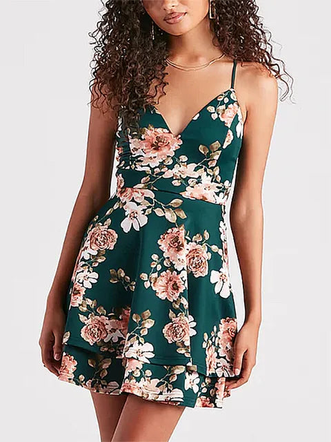 Floral Print Spaghetti Strap Deep V-Neck Mini Cocktail Dress - View 3