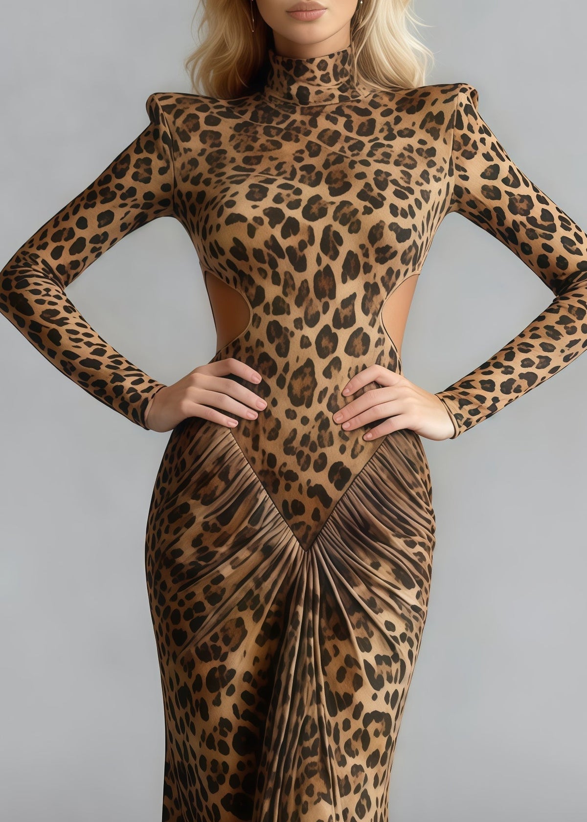 Leopard Print Mock Neck Long Sleeve Cut Out Ruched Bodycon Maxi Gown - View 2