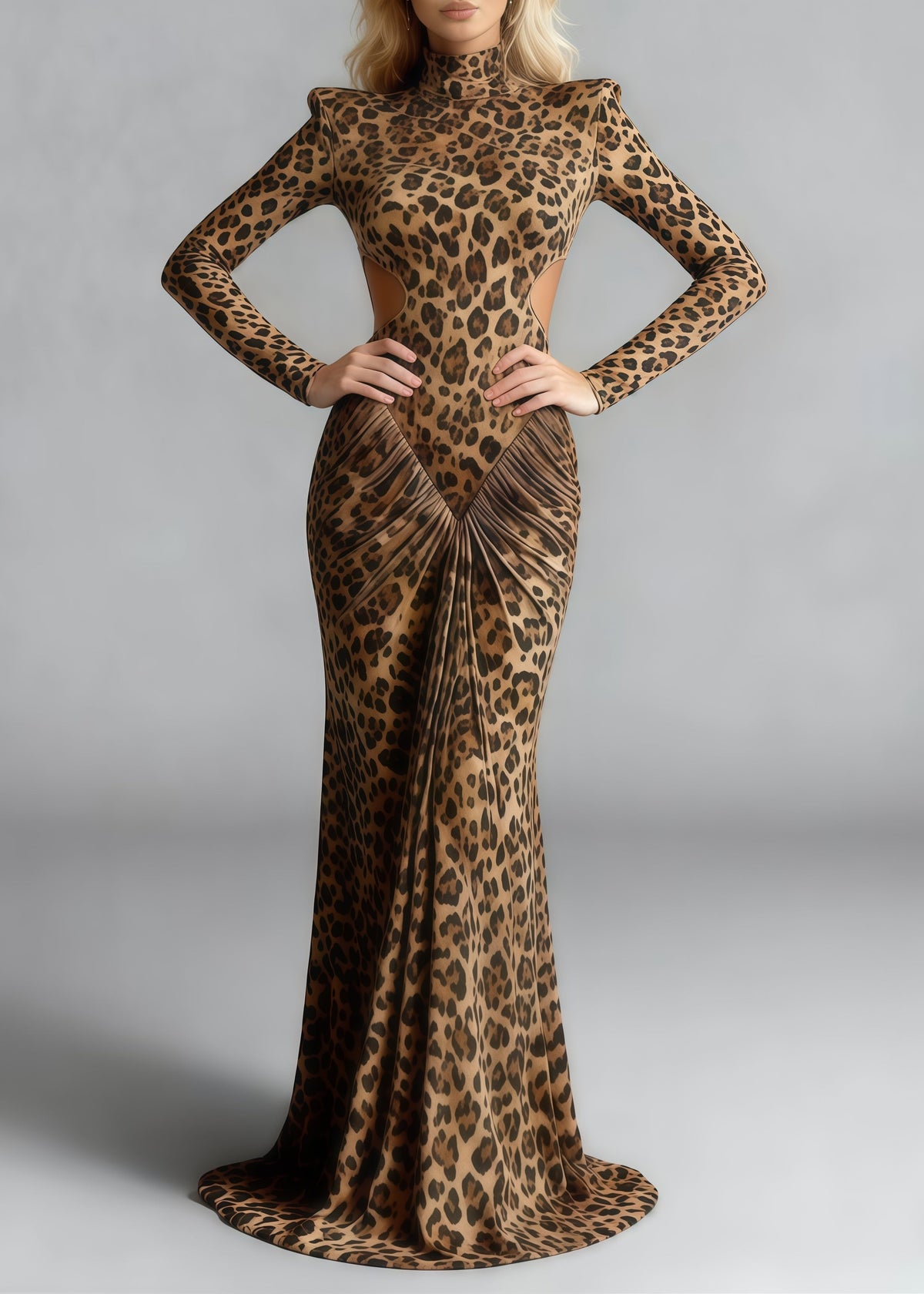 Leopard Print Mock Neck Long Sleeve Cut Out Ruched Bodycon Maxi Gown - View 5