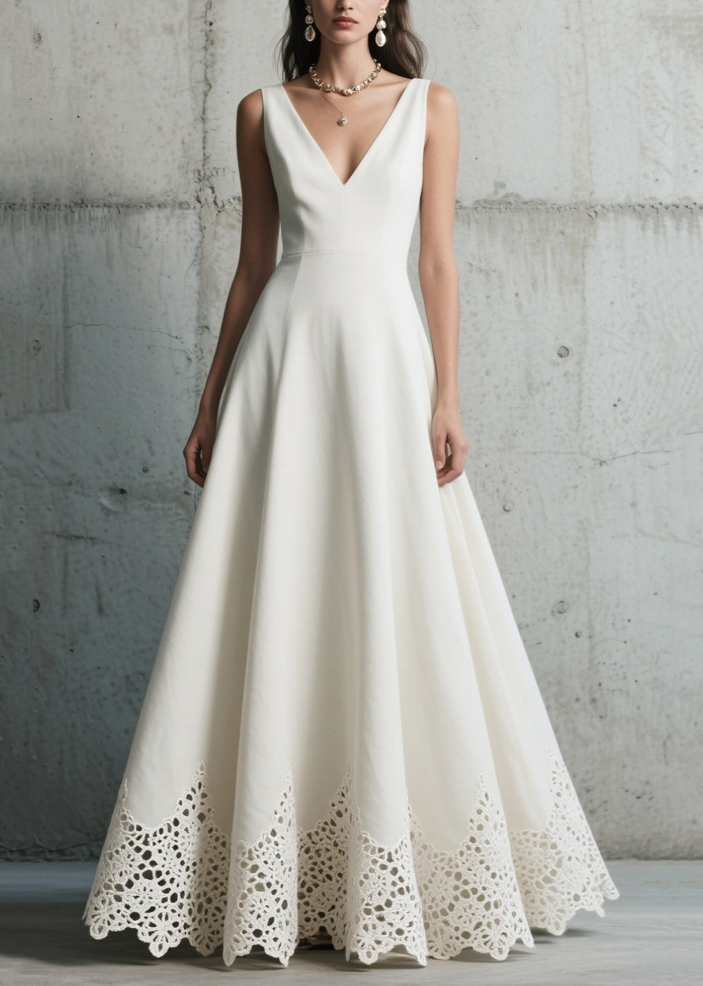 Deep V-Neck Sleeveless Lace Trim Hem Fit and Flare A-Line Maxi Gown - View 3