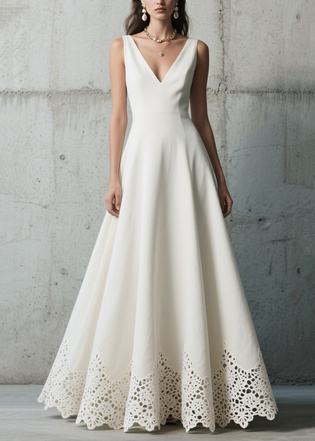 Deep V-Neck Sleeveless Lace Trim Hem Fit and Flare A-Line Maxi Gown - View 5