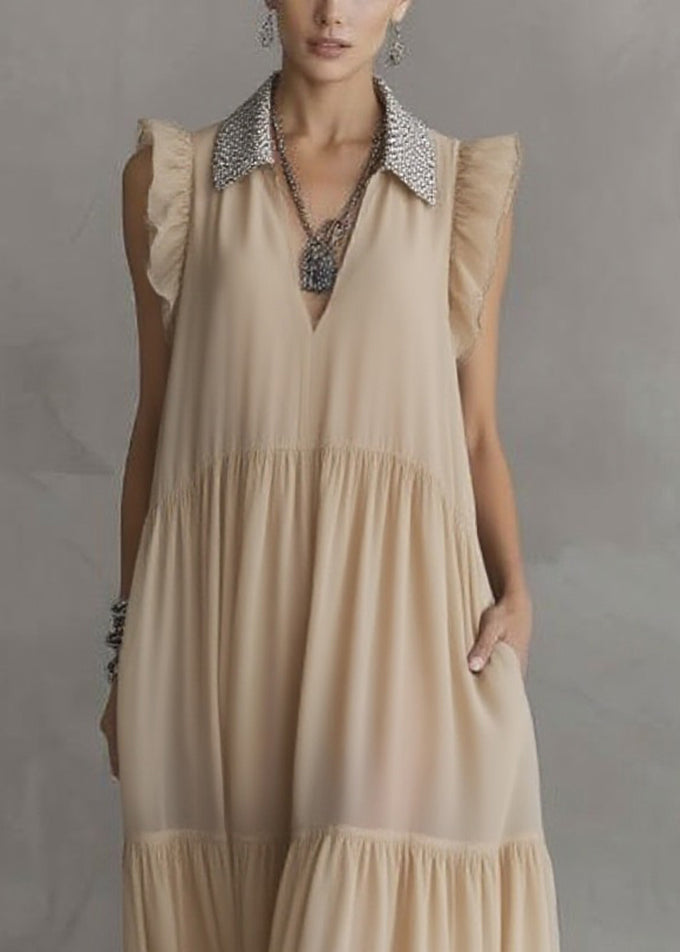 Simple Apricot Peter Pan Collar Wrinkled Solid Chiffon Maxi Dresses Summer - View 2