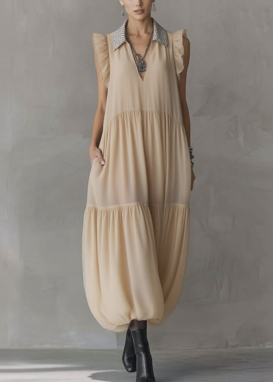 Simple Apricot Peter Pan Collar Wrinkled Solid Chiffon Maxi Dresses Summer - View 3