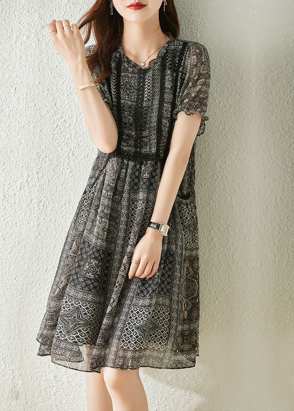 Chiffon Geometric Print Round Neck Puff Sleeve A-Line Midi Dress - View 4