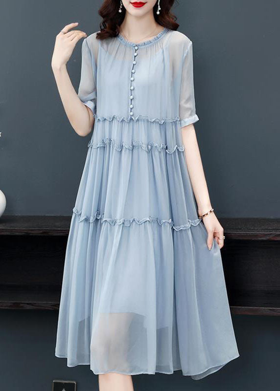 Chiffon Round Neck Button Front Tiered Ruffle Midi Dress - View 2