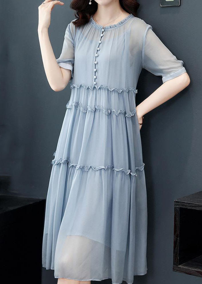 Chiffon Round Neck Button Front Tiered Ruffle Midi Dress - View 3