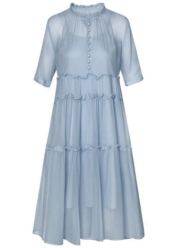 Chiffon Round Neck Button Front Tiered Ruffle Midi Dress - View 5