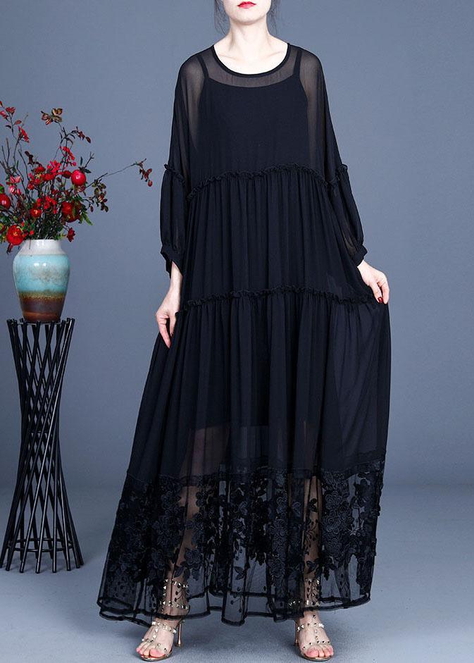 Tiered Long Sleeve Ruffle Cuff Lace Panel Floral Maxi Dress - View 2