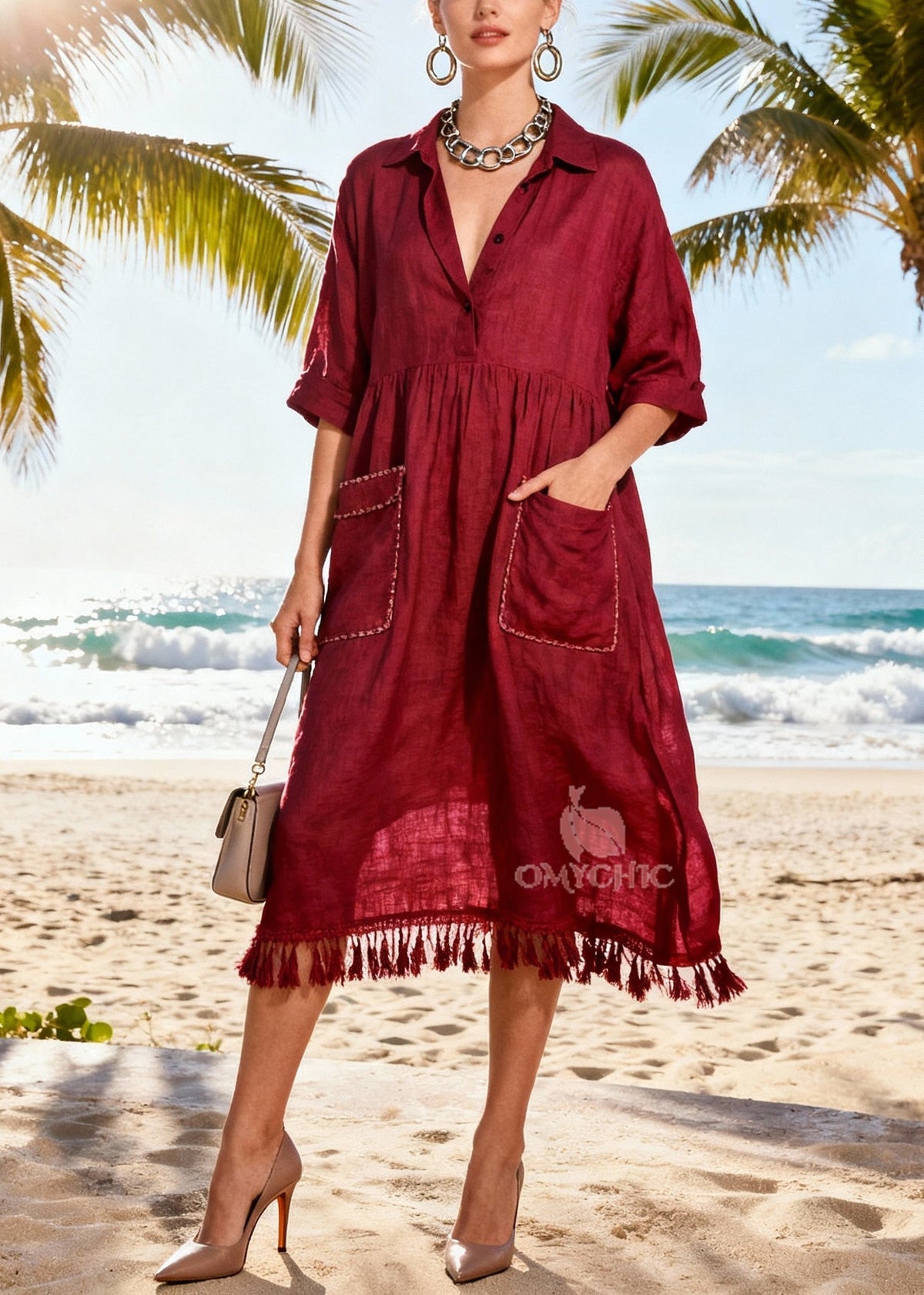 Collar V-Neck Three Quarter Sleeve Empire Waist Shirt Dress