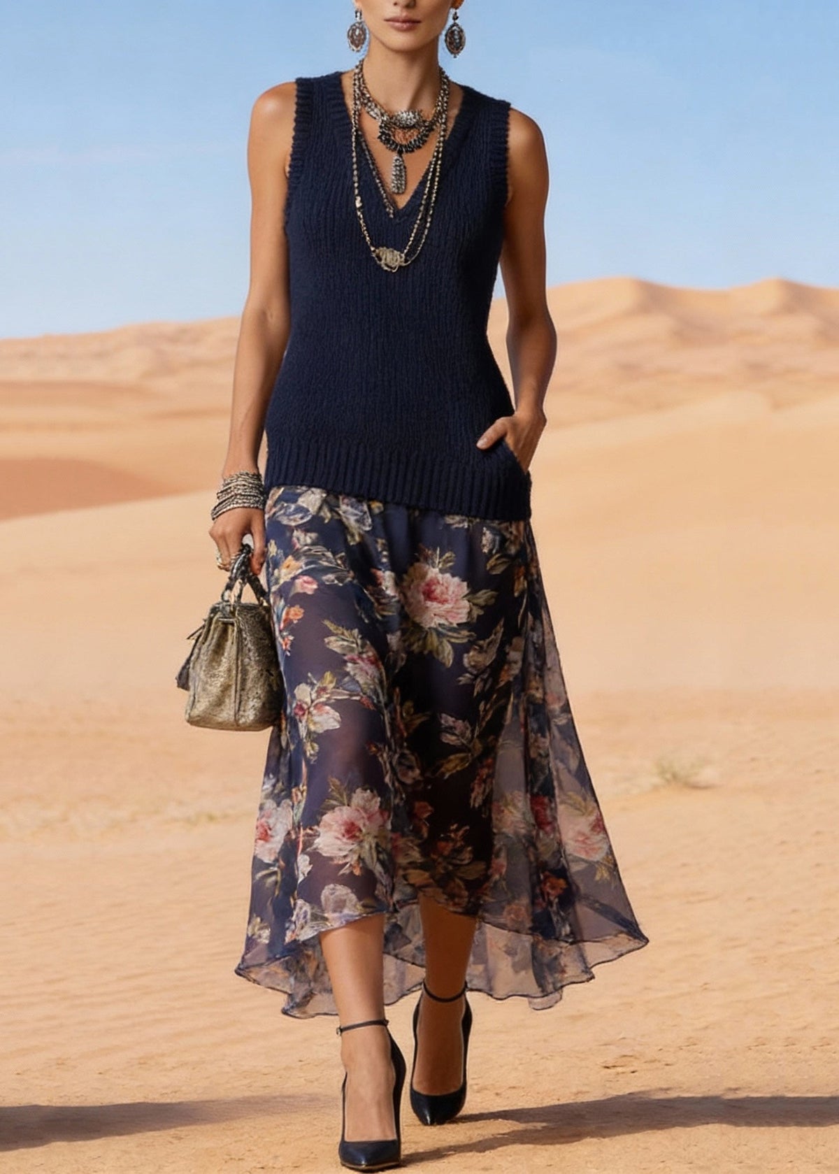 V-Neck Sleeveless Knit Chiffon Patchwork High Low Maxi Dress - View 3