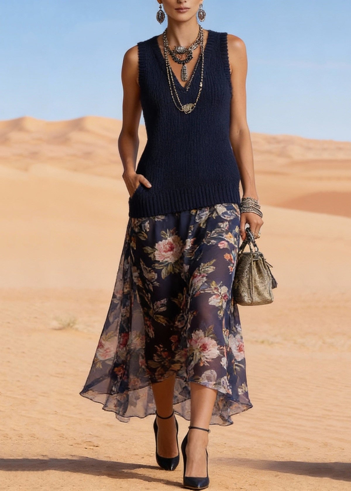 V-Neck Sleeveless Knit Chiffon Patchwork High Low Maxi Dress - View 5
