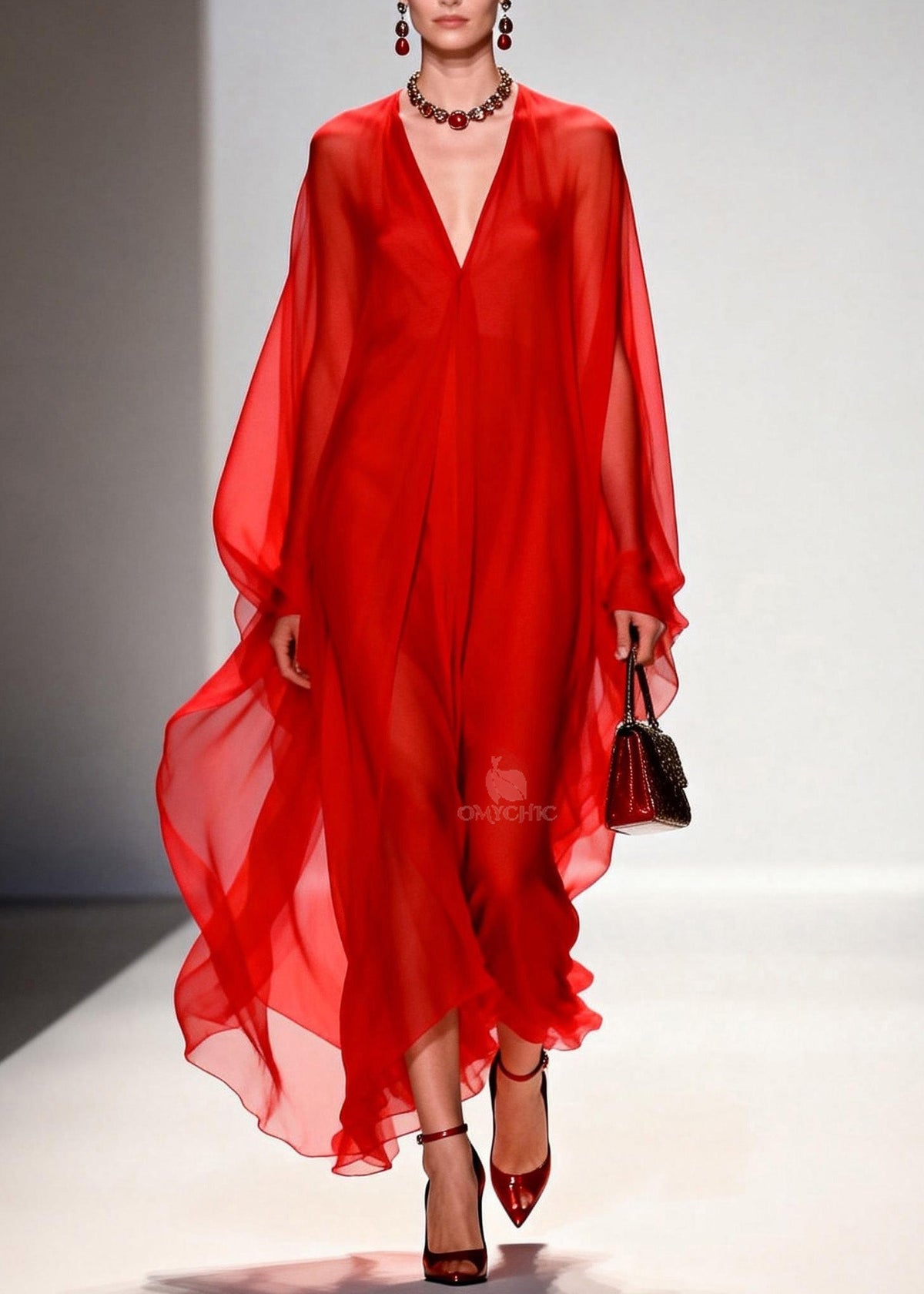 Deep V-Neck Batwing Sleeve Flowy Sheer Chiffon Kaftan Maxi Gown - View 3