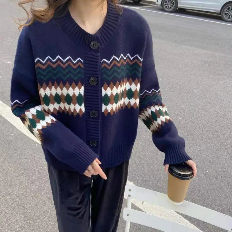Loose O-neck Office Lady Cardigan Navy Blue / S