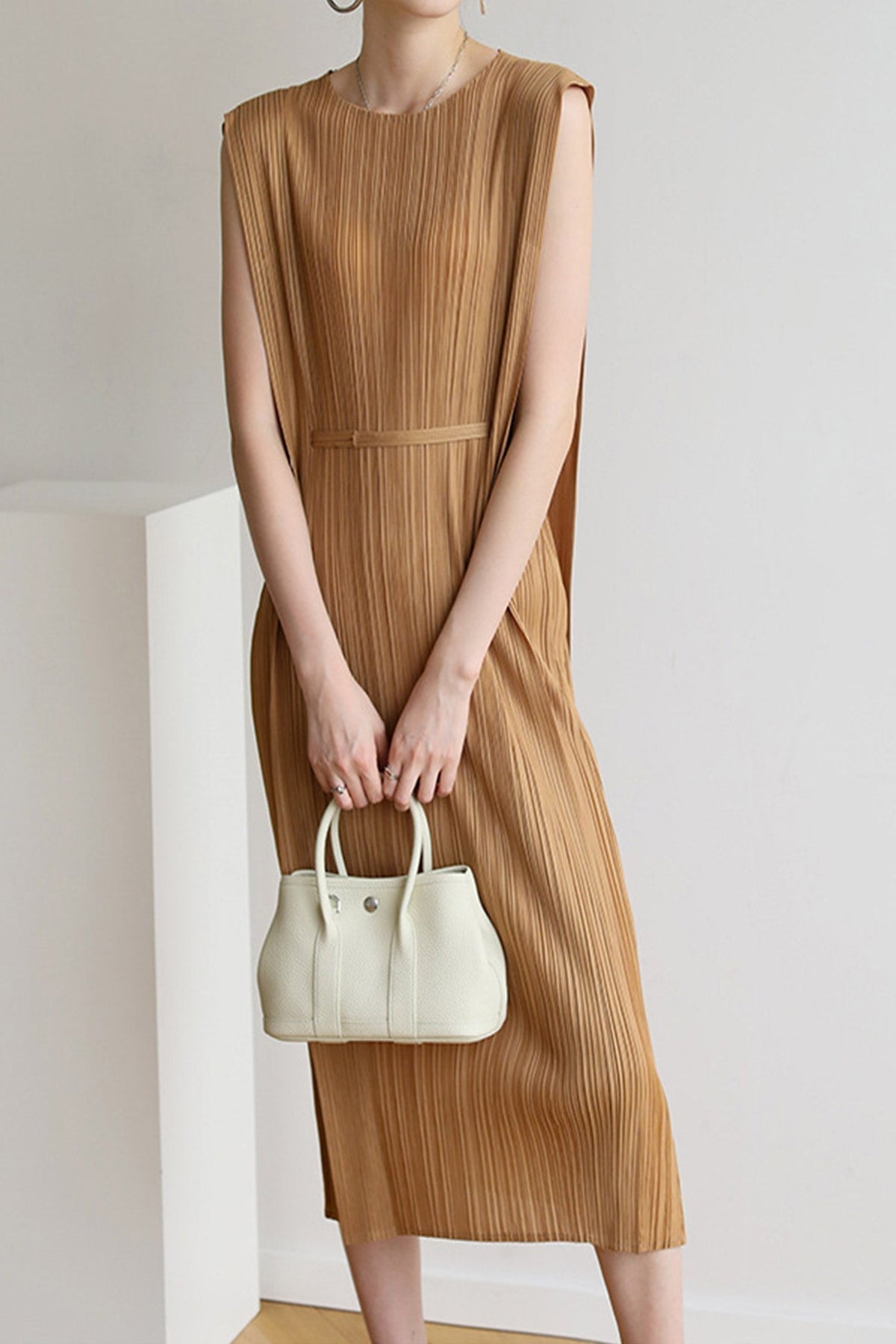 Ruched Lace-Up Midi Dress Brown / One Size Dresses