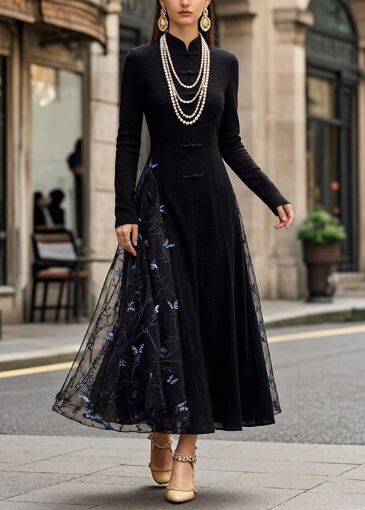 Mandarin Collar Frog Button Mesh Butterfly Embroidery Maxi Dress