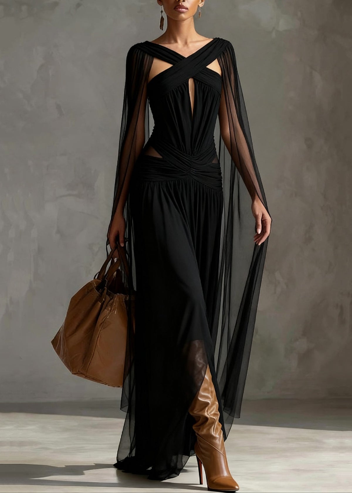 Tulle Halter Neck Cut Out Ruched Waist Sheer Cape Sleeve Party Gown