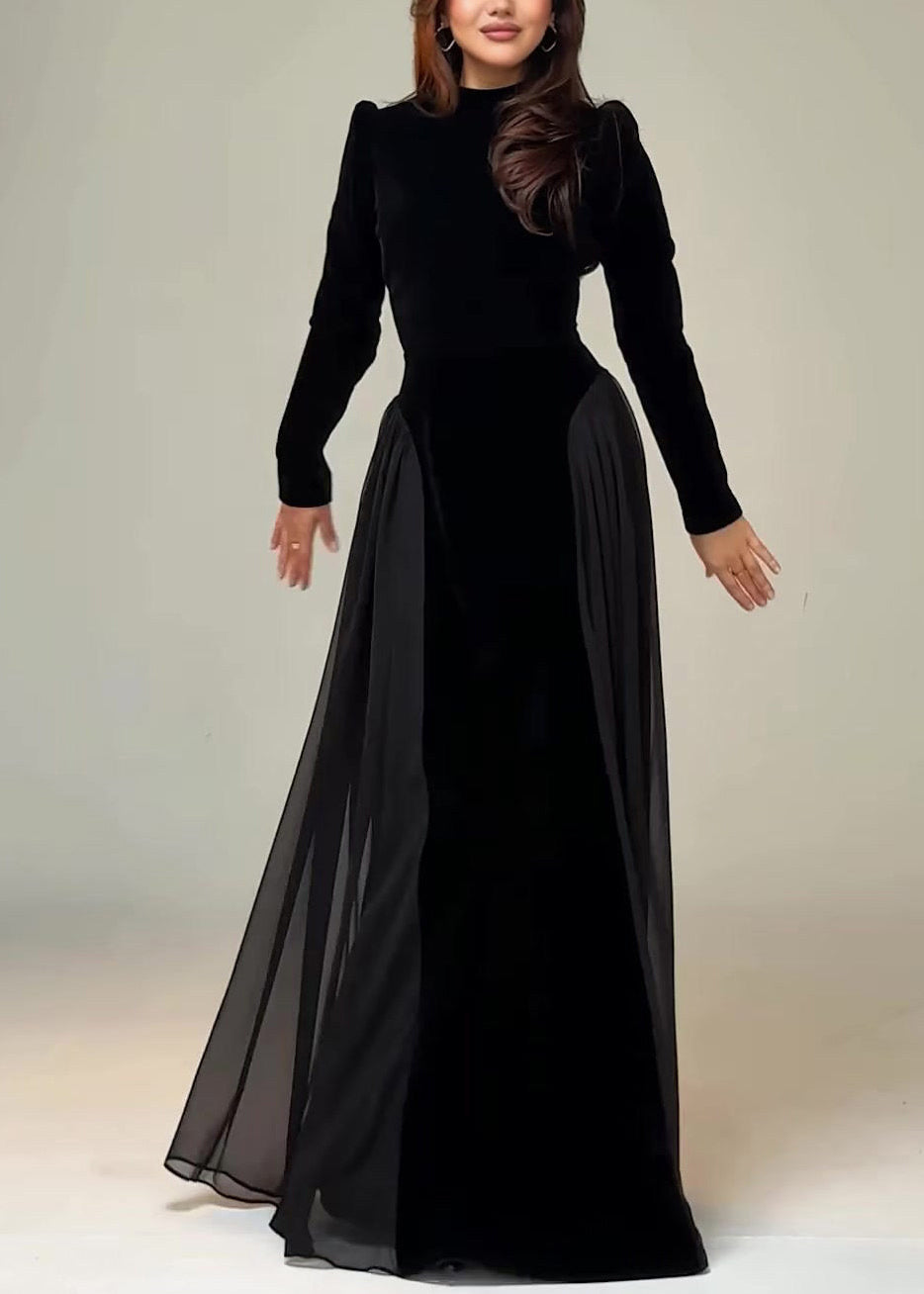 Slim Fit Black Tie Waist Chiffon Patchwork Maxi Dress Spring - View 2