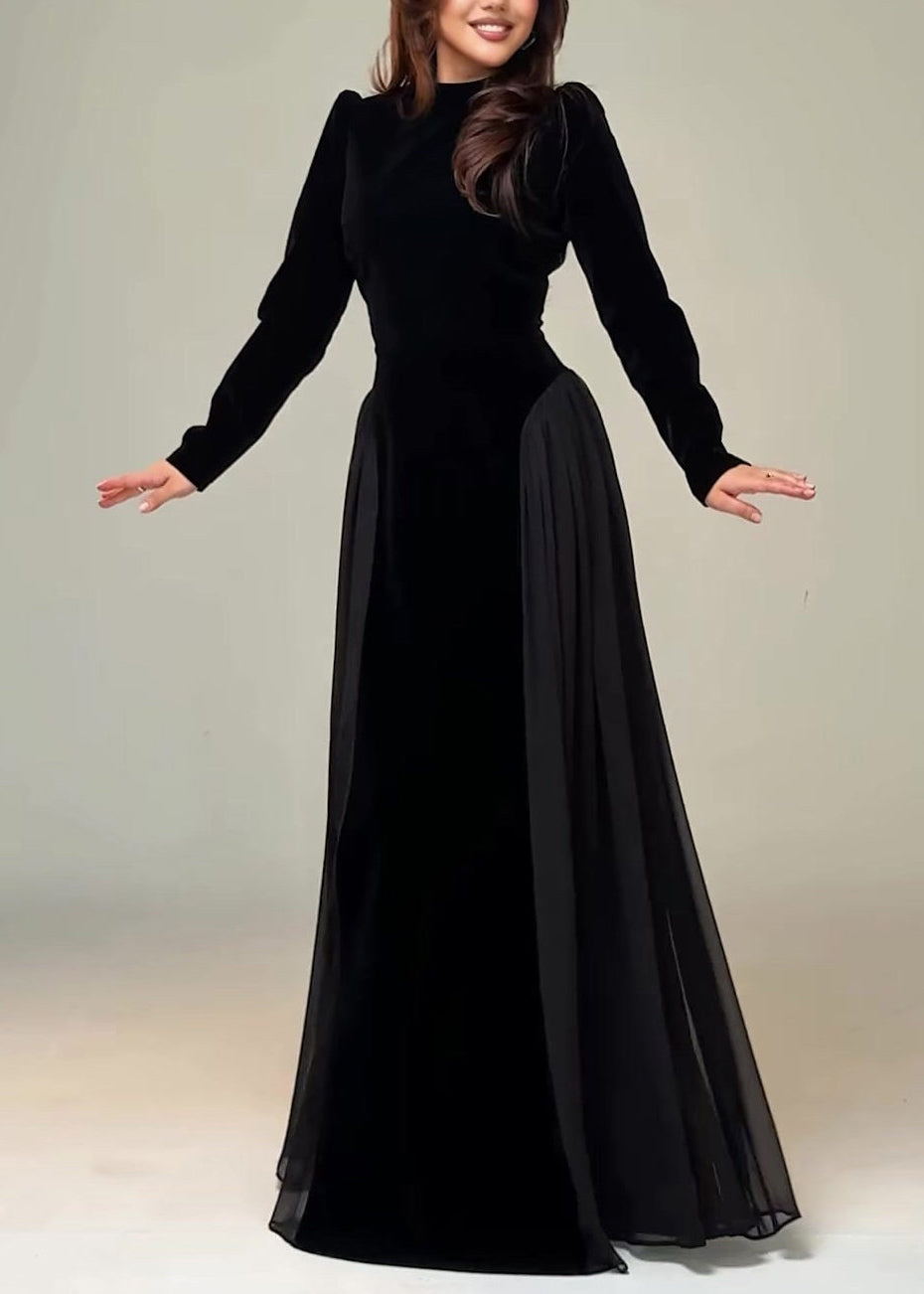 Slim Fit Black Tie Waist Chiffon Patchwork Maxi Dress Spring - View 4