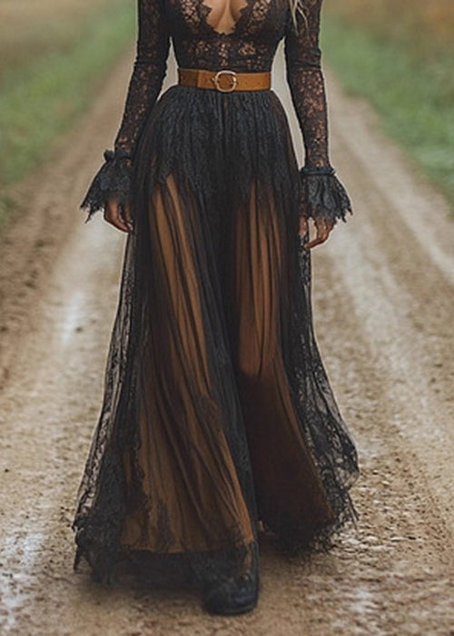 Lace Deep V-Neck Long Sleeve Ruffle Cuff Belted Tiered Maxi Gown - View 4