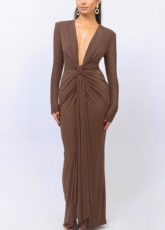 Glitter Deep V-Neck Long Sleeve Ruched Waist Drape Panel Bodycon Gown - View 2