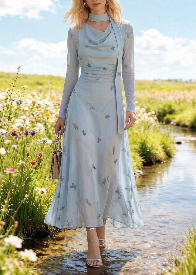 Cowl Neck Sheer Long Sleeve Ruched Waist Chiffon Maxi Dress