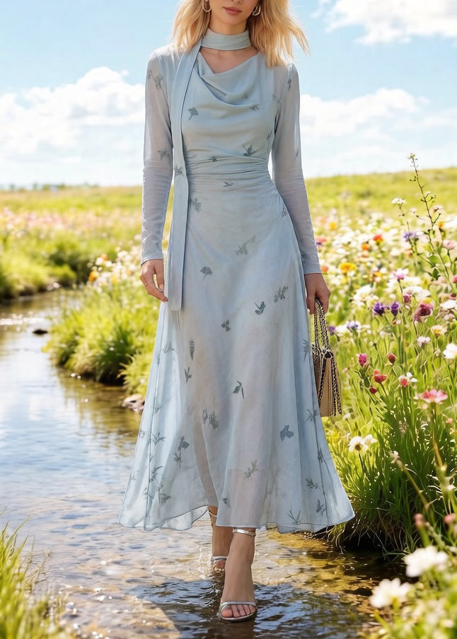 Cowl Neck Sheer Long Sleeve Ruched Waist Chiffon Maxi Dress - View 3