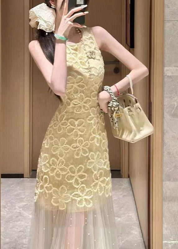 3D Floral Lace Sleeveless Round Neck Pearl Embellished Tulle Maxi Gown - View 3