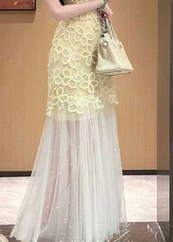 3D Floral Lace Sleeveless Round Neck Pearl Embellished Tulle Maxi Gown - View 5