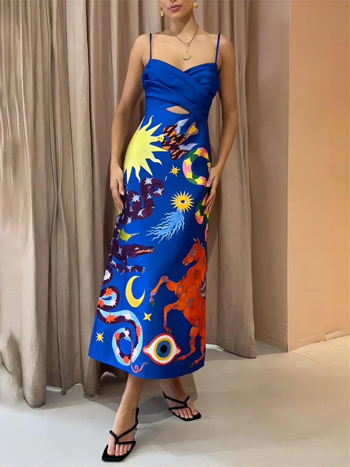 Summer Sexy Satin Backless Printed Sleeveless Midi Dress in Blue - View 5