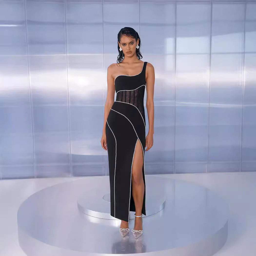 Black Slim Diamond Mesh Boning Corset One Shoulder Split Dress