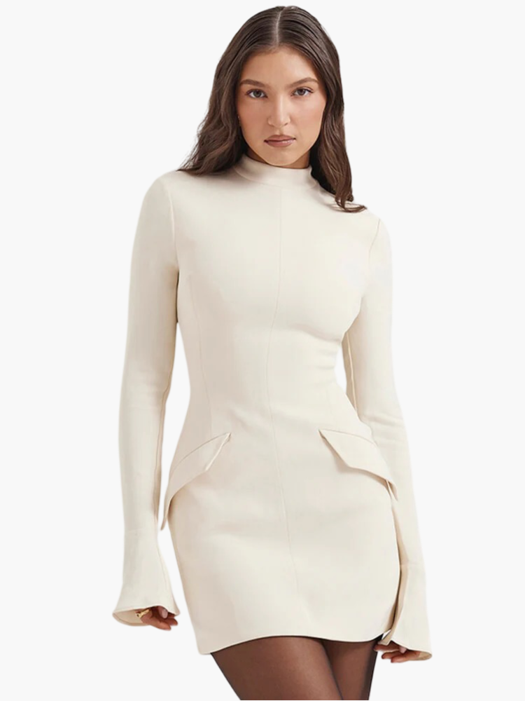 Mock Neck Long Sleeve Bell Cuff Flap Bodycon Mini Cocktail Dress - View 6