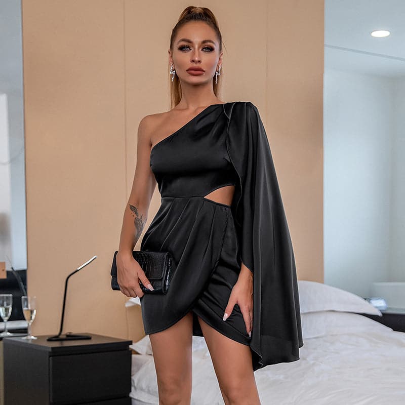 Satin One Shoulder Cape Cut Out Ruched Mini Dress - View 7