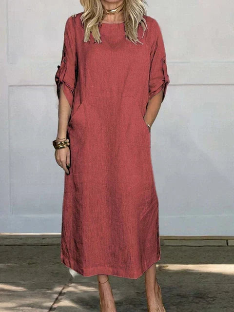 Crew Neck Short Sleeve Rolled Tab Pocket Shift Midi Summer Dress